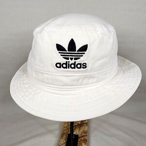 Adidas Originals White Bucket Hat, Cotton Canvas, Washed Look, Retro Style